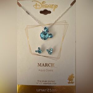 Disney March Aqua Crystal Mickey‎ Necklace & Earrings Set Silver Plated